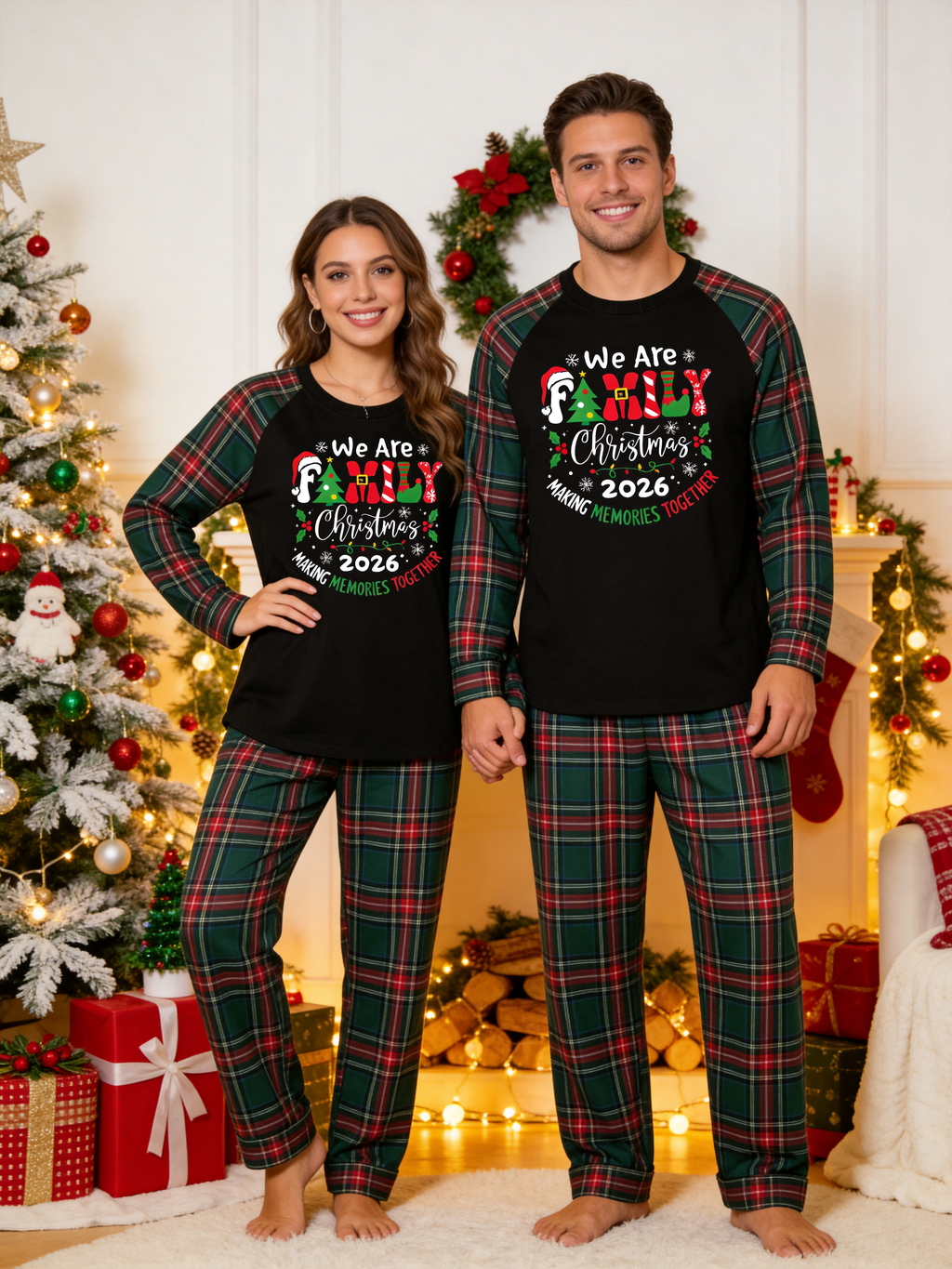 We Are Family Christmas Making Memories Together Pajamas Set with Red & Green Plaid Pants Classic Pullover Pajamas