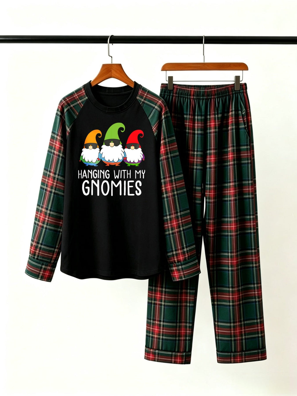 Hanging With My Gnomies Christmas Family Pajamas Set with Red & Green Plaid Pants and Gnome Graphic Classic Pullover Pajamas