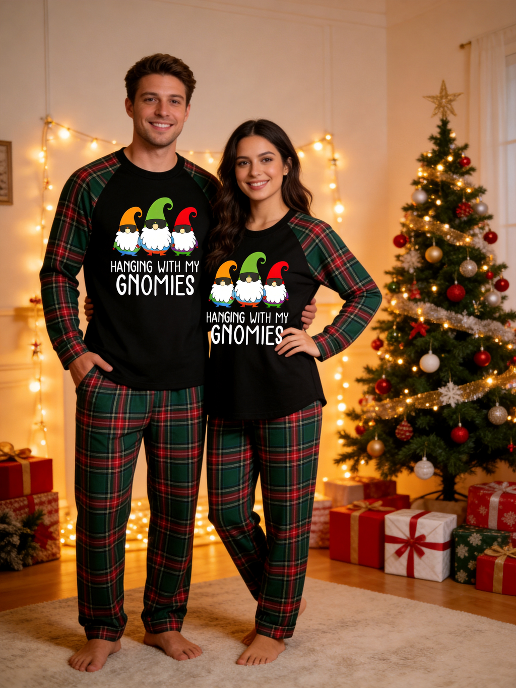 Hanging With My Gnomies Christmas Family Pajamas Set with Red & Green Plaid Pants and Gnome Graphic Classic Pullover Pajamas