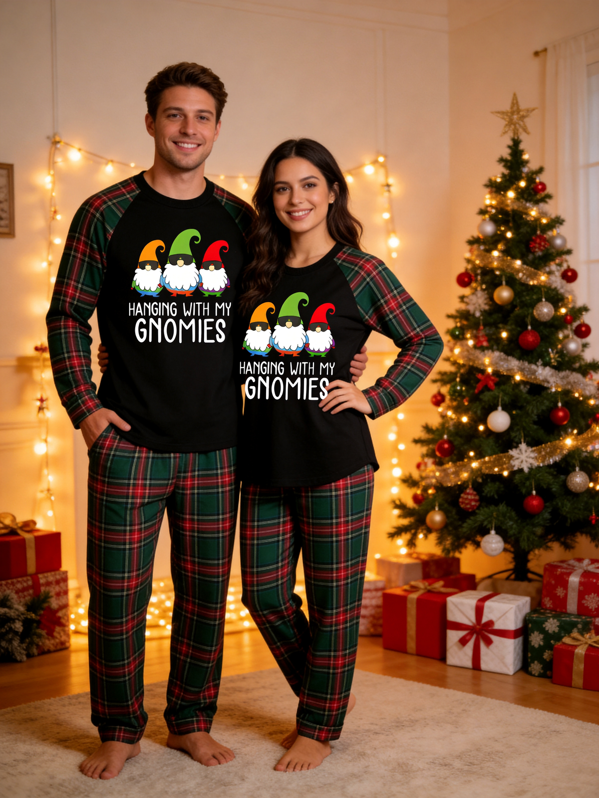 Hanging With My Gnomies Christmas Family Pajamas Set with Red & Green Plaid Pants and Gnome Graphic Classic Pullover Pajamas