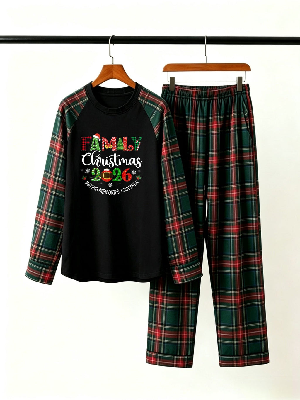 Family Christmas 2026 Making Memories Together Pajamas Set with Red & Green Plaid Tartan Pants Classic Pullover Pajamas