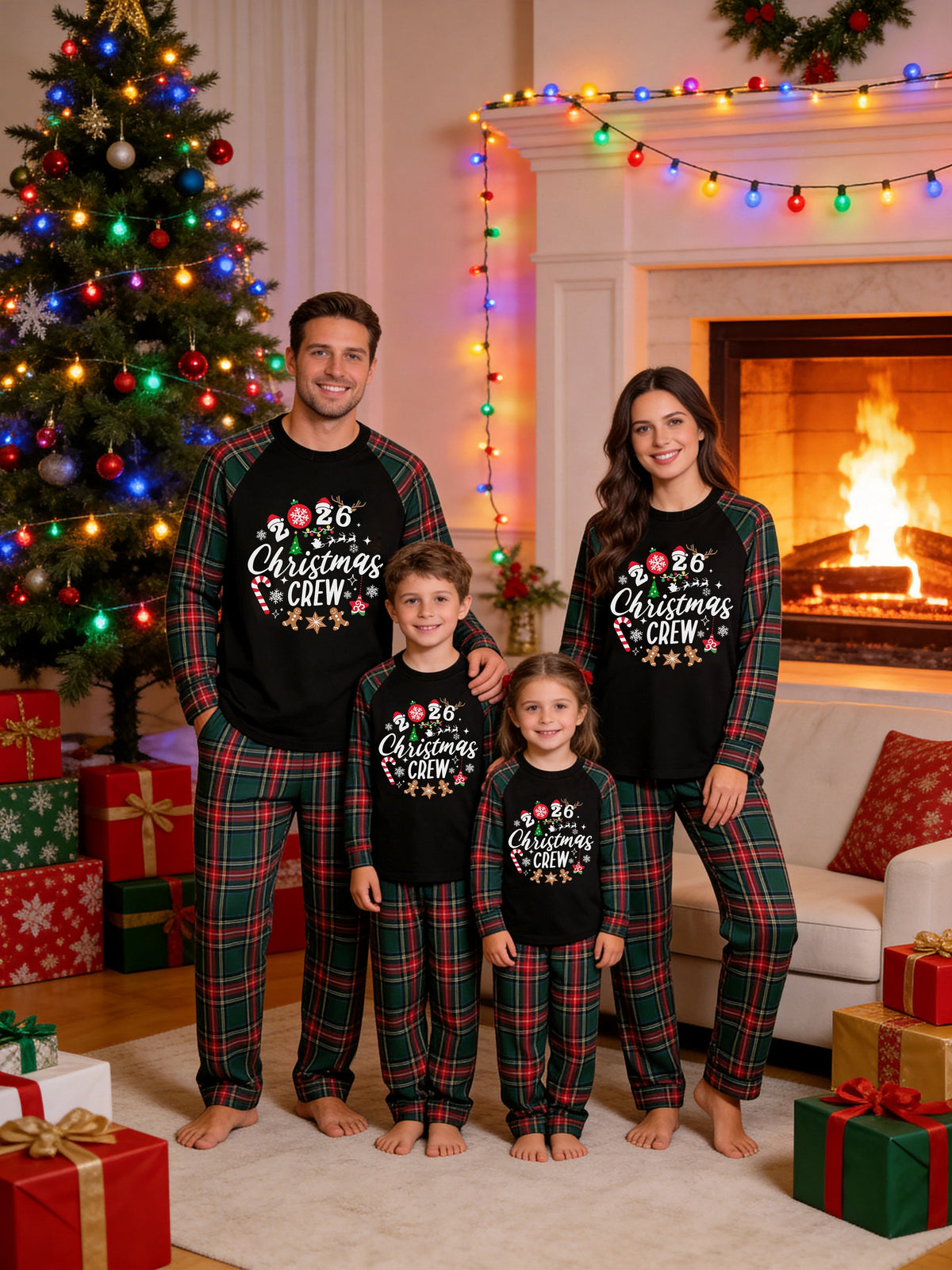 2026 Christmas Crew Family Matching Pajamas Set with Red & Green Plaid Pants and Gingerbread Graphic Classic Pullover Pajamas