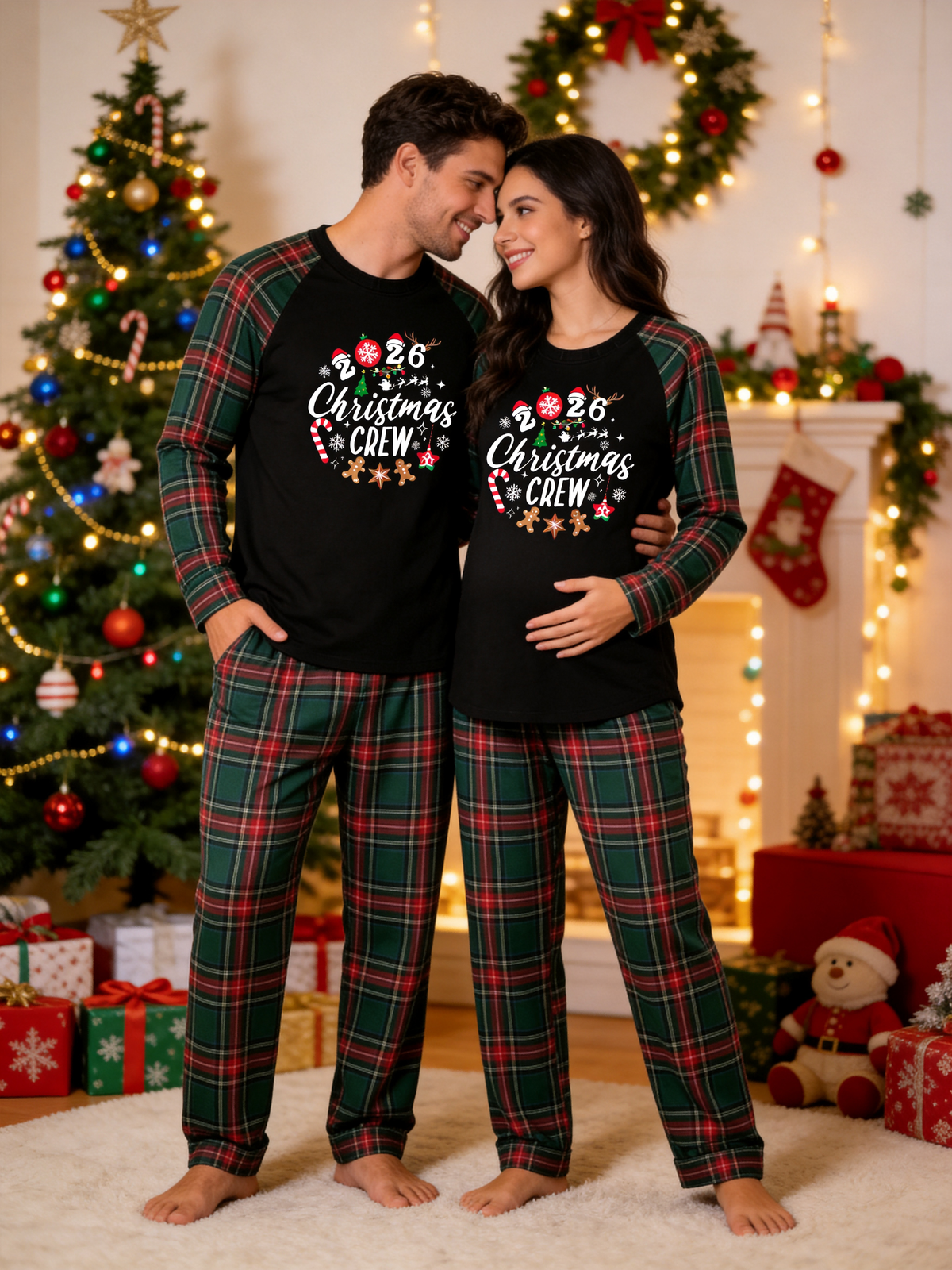 2026 Christmas Crew Family Matching Pajamas Set with Red & Green Plaid Pants and Gingerbread Graphic Classic Pullover Pajamas