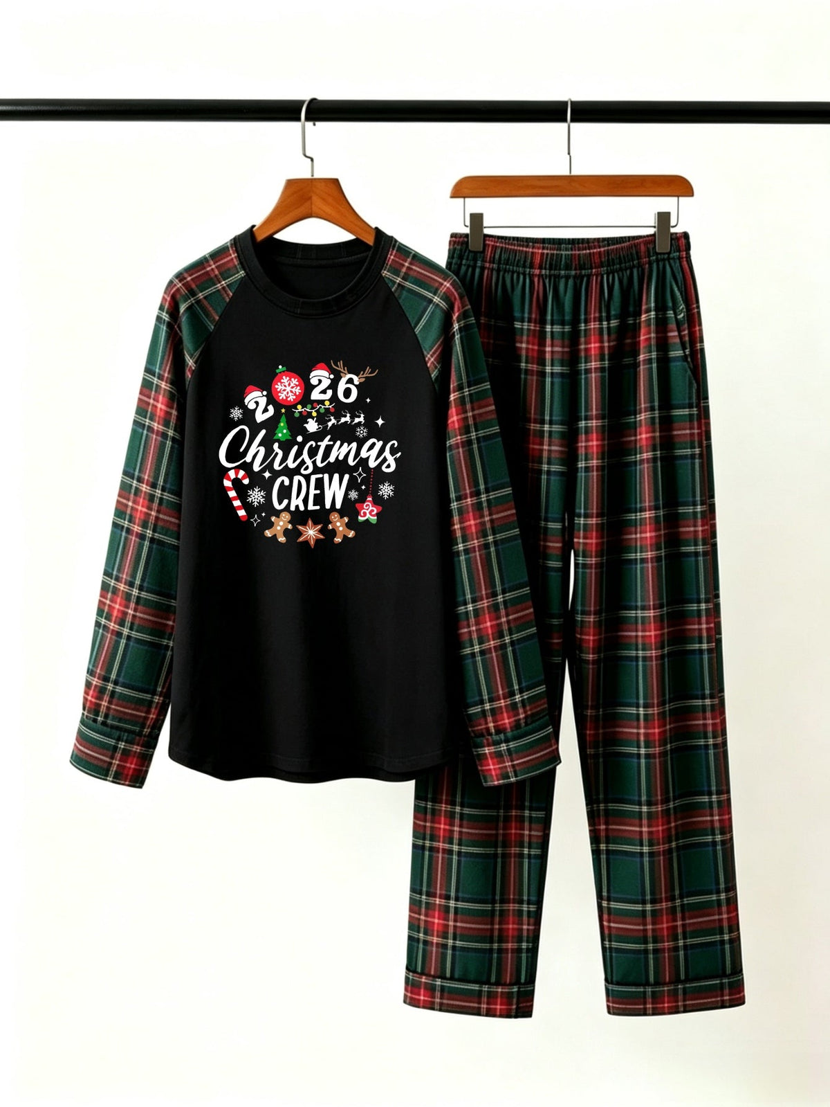 2026 Christmas Crew Family Matching Pajamas Set with Red & Green Plaid Pants and Gingerbread Graphic Classic Pullover Pajamas