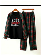 2026 Family Christmas Matching Pajamas Set with Red & Green Tartan Plaid Pants and Plaid Lettering Classic Pullover Pajamas