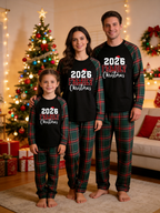 2026 Family Christmas Matching Pajamas Set with Red & Green Tartan Plaid Pants and Plaid Lettering Classic Pullover Pajamas