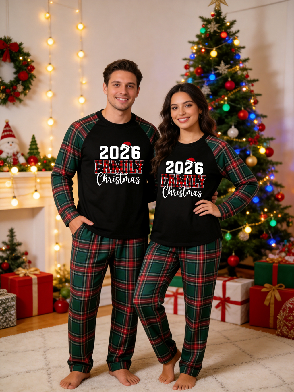 2026 Family Christmas Matching Pajamas Set with Red & Green Tartan Plaid Pants and Plaid Lettering Classic Pullover Pajamas