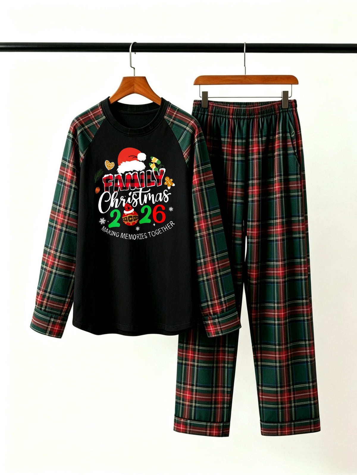 Family Christmas 2026 Holiday Matching Pajamas Set with Red & Green Plaid Pants and Santa Hat Graphic Classic Pullover Pajamas