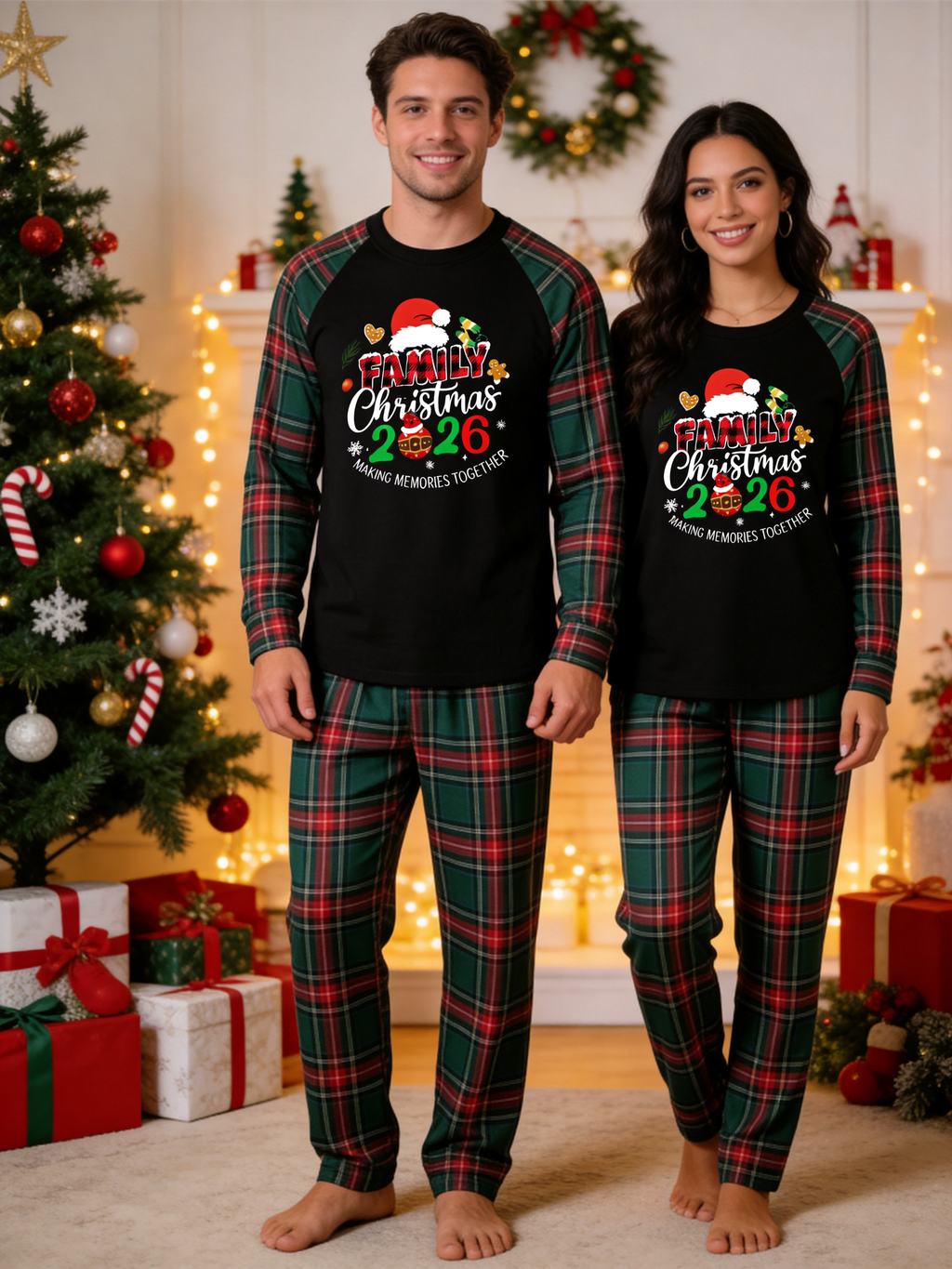 Family Christmas 2026 Holiday Matching Pajamas Set with Red & Green Plaid Pants and Santa Hat Graphic Classic Pullover Pajamas