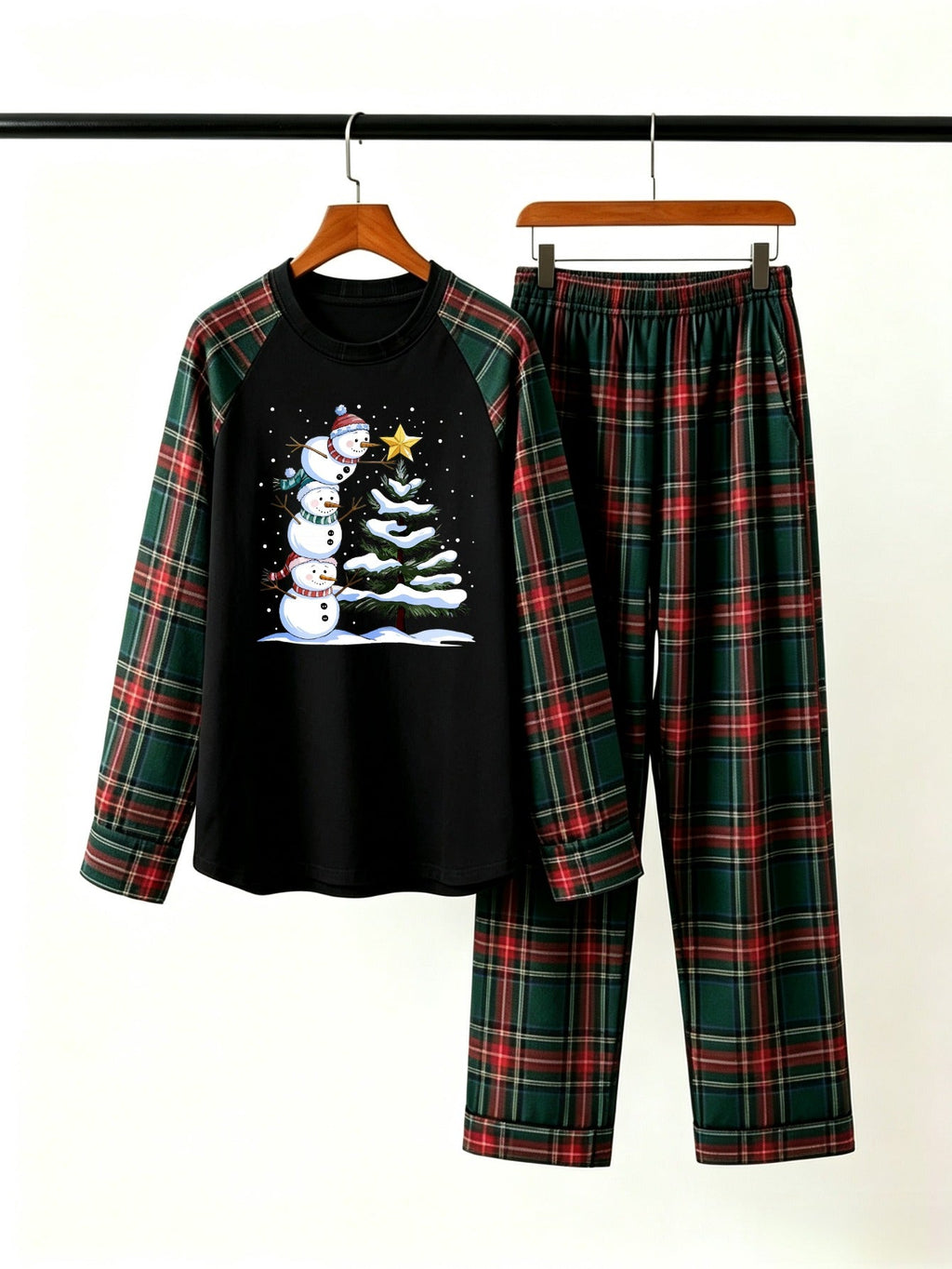 Stacked Snowmen Decorating Christmas Tree Family Pajamas Set with Red & Green Plaid Pants Classic Pullover Pajamas