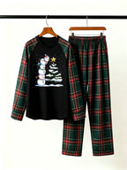 Stacked Snowmen Decorating Christmas Tree Family Pajamas Set with Red & Green Plaid Pants Classic Pullover Pajamas