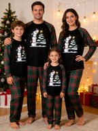 Stacked Snowmen Decorating Christmas Tree Family Pajamas Set with Red & Green Plaid Pants Classic Pullover Pajamas
