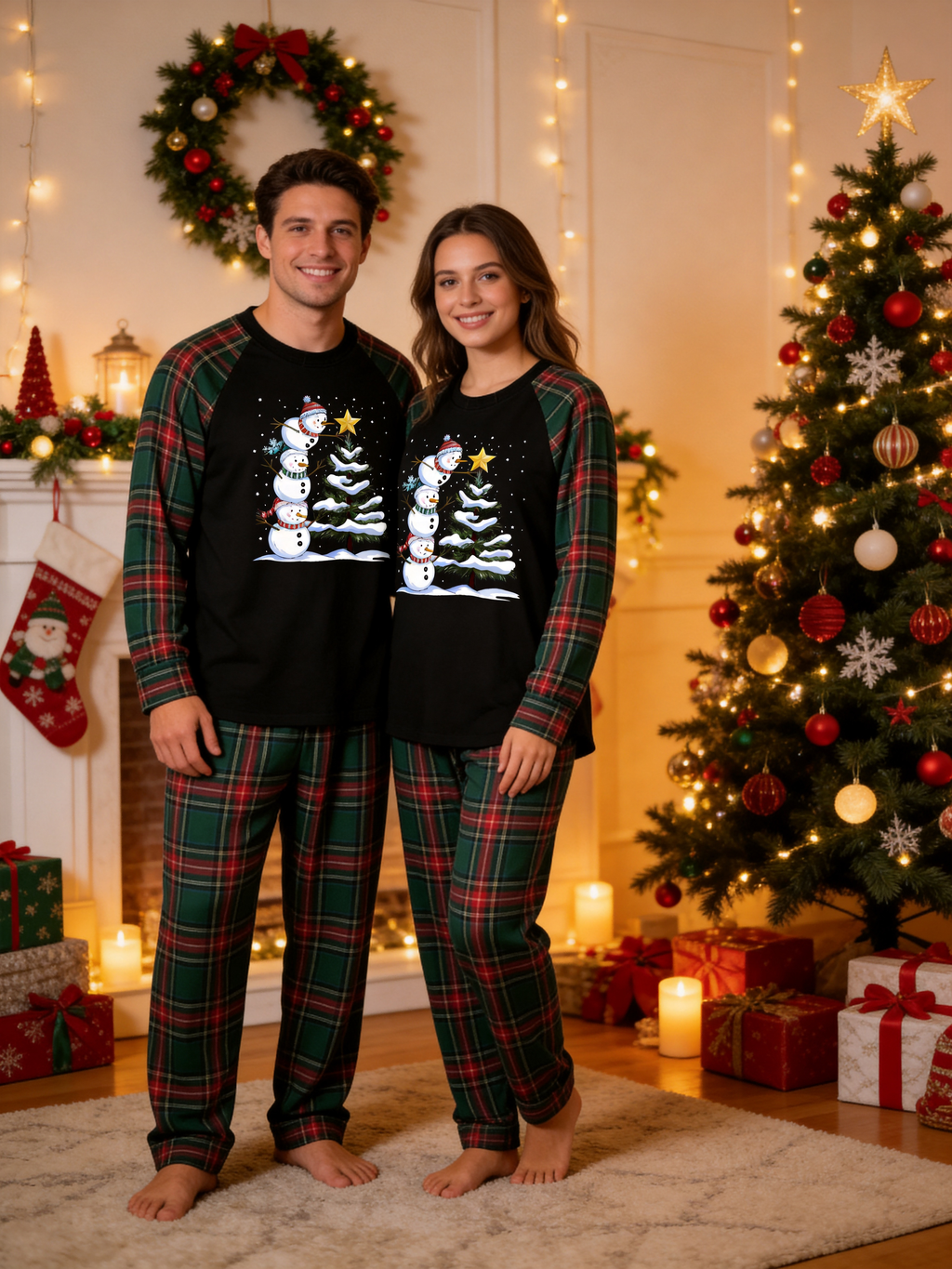 Stacked Snowmen Decorating Christmas Tree Family Pajamas Set with Red & Green Plaid Pants Classic Pullover Pajamas