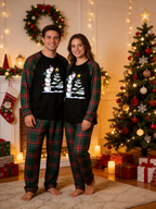 Stacked Snowmen Decorating Christmas Tree Family Pajamas Set with Red & Green Plaid Pants Classic Pullover Pajamas