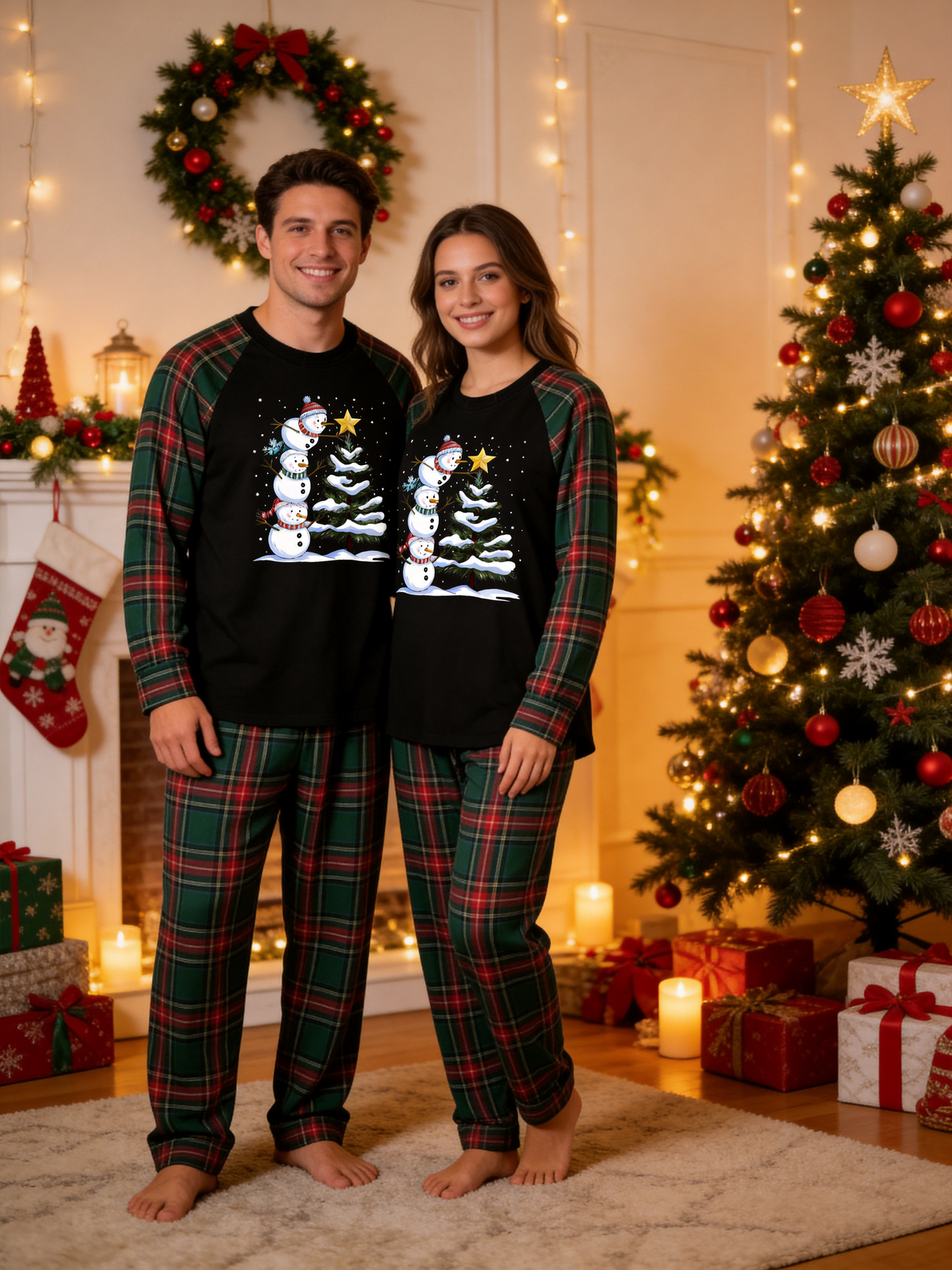 Stacked Snowmen Decorating Christmas Tree Family Pajamas Set with Red & Green Plaid Pants Classic Pullover Pajamas