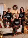 Family Christmas Matching Pajama Set - Black Long Sleeve Top with 'Christmas Crew' Trees & Red Green Plaid Pants
