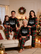 Family Christmas Matching Pajama Set - Black Long Sleeve Top with 'Christmas Crew' Trees & Red Green Plaid Pants