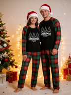 Family Christmas Matching Pajama Set - Black Long Sleeve Top with 'Christmas Crew' Trees & Red Green Plaid Pants