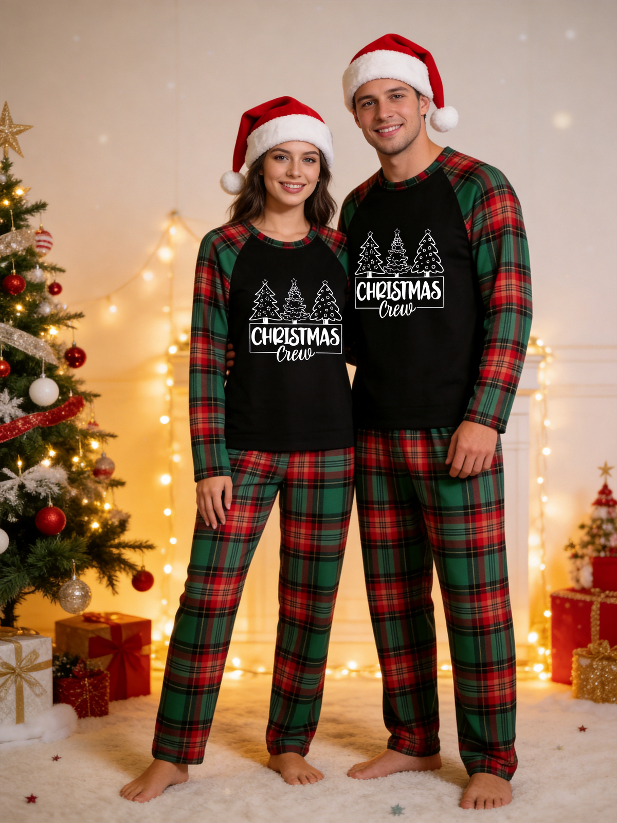 Family Christmas Matching Pajama Set - Black Long Sleeve Top with 'Christmas Crew' Trees & Red Green Plaid Pants