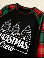 Family Christmas Matching Pajama Set - Black Long Sleeve Top with 'Christmas Crew' Trees & Red Green Plaid Pants
