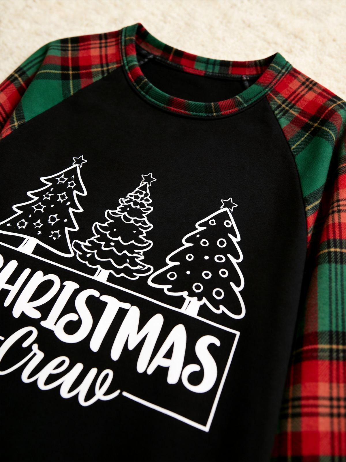 Family Christmas Matching Pajama Set - Black Long Sleeve Top with 'Christmas Crew' Trees & Red Green Plaid Pants