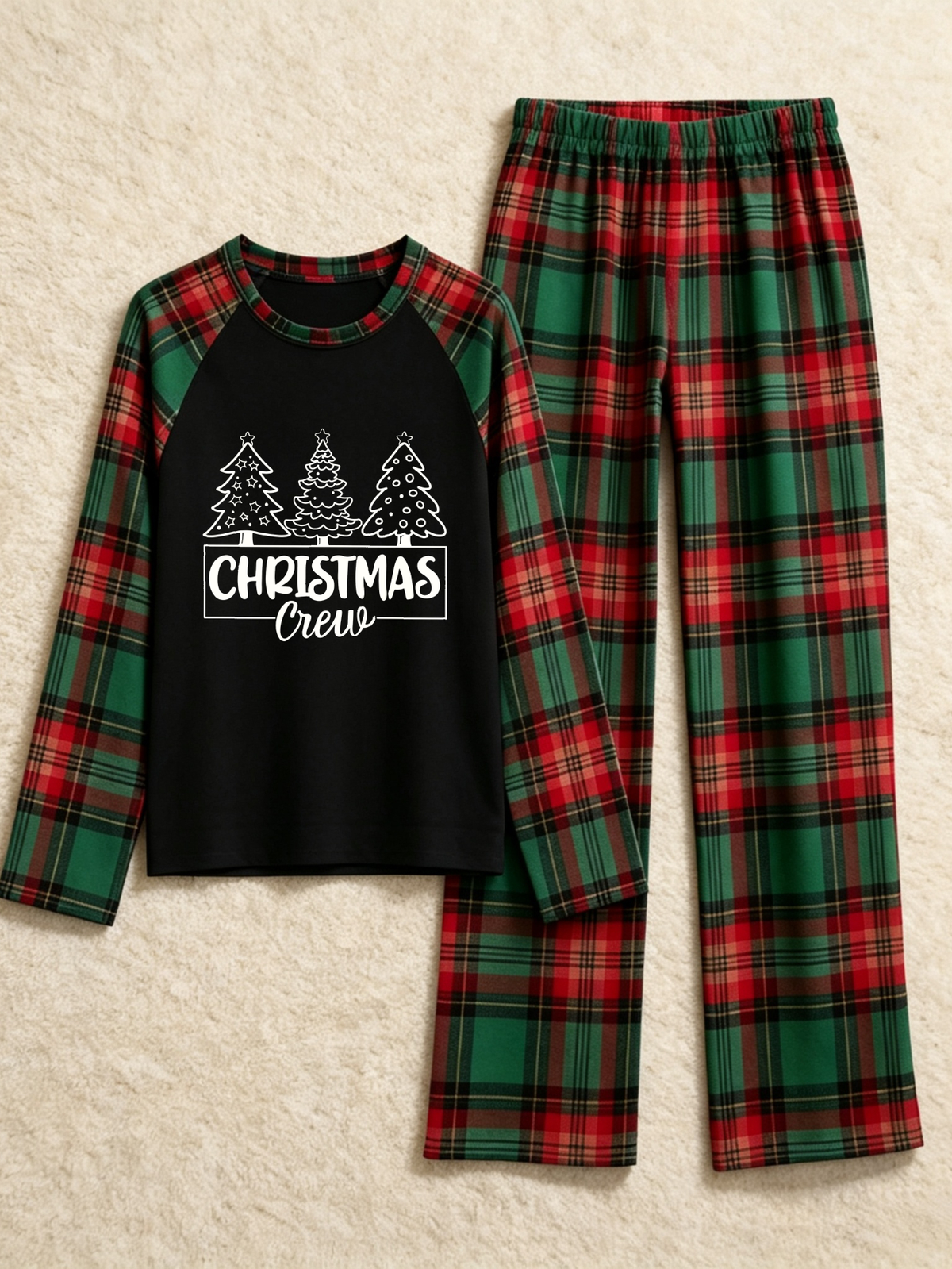 Family Christmas Matching Pajama Set - Black Long Sleeve Top with 'Christmas Crew' Trees & Red Green Plaid Pants