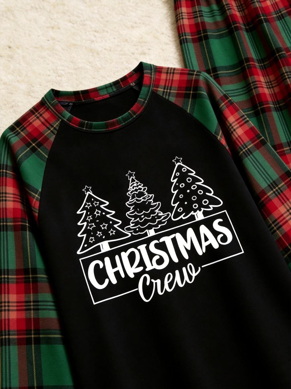 Family Christmas Matching Pajama Set - Black Long Sleeve Top with 'Christmas Crew' Trees & Red Green Plaid Pants