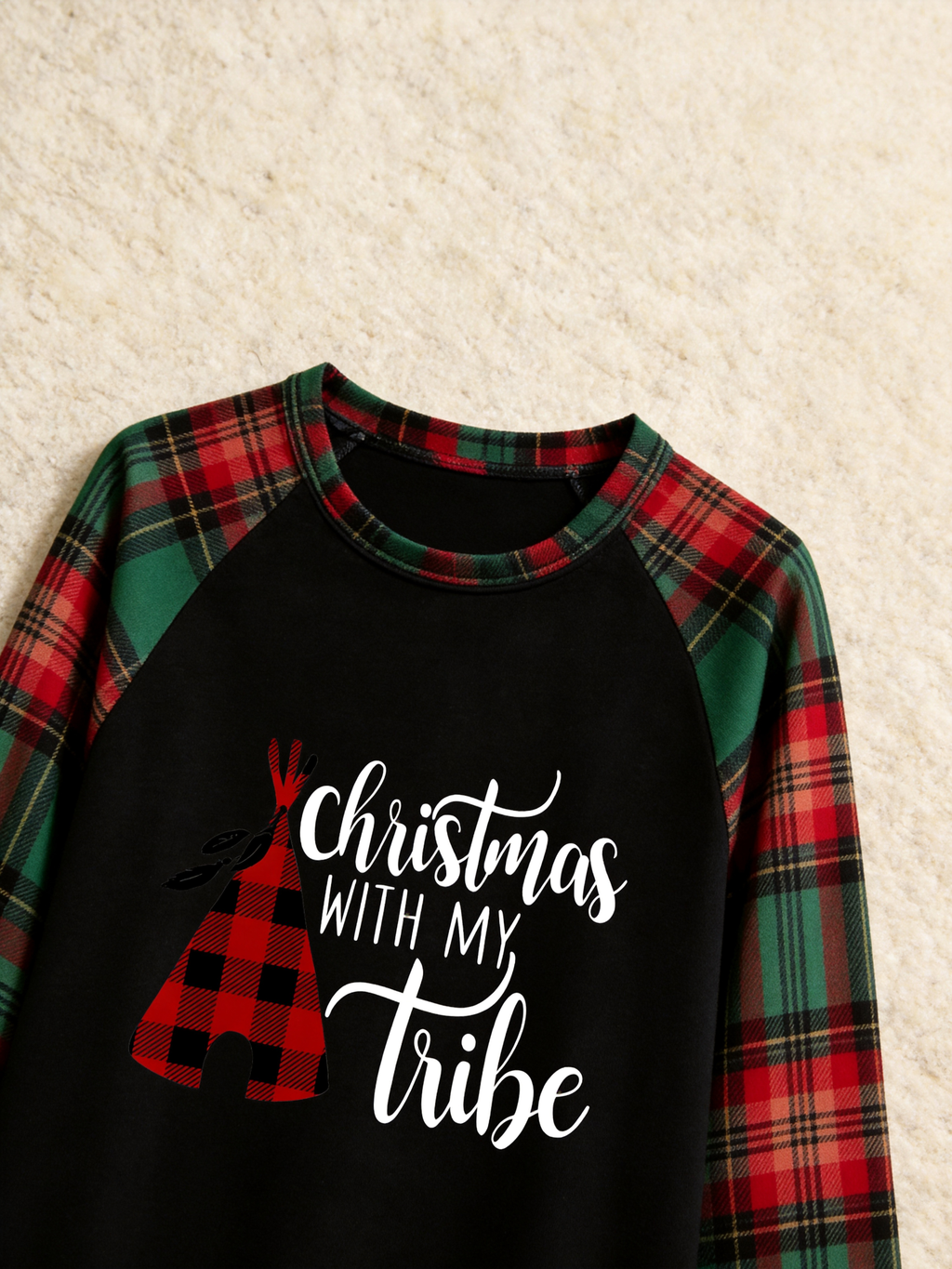Family Christmas Matching Pajama Set - Black Long Sleeve Top with 'Christmas With My Tribe' Teepee & Red Green Plaid Pants