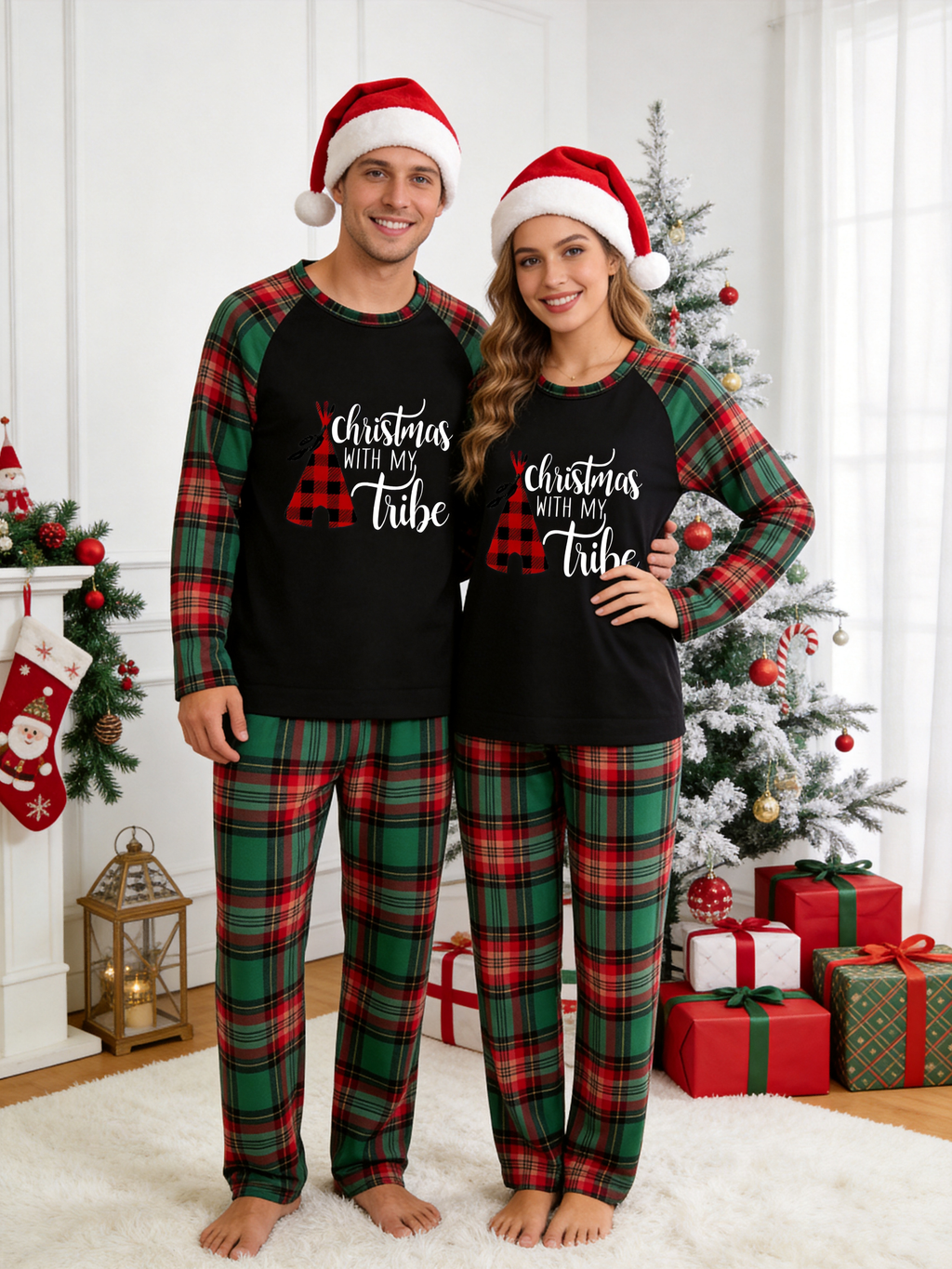 Family Christmas Matching Pajama Set - Black Long Sleeve Top with 'Christmas With My Tribe' Teepee & Red Green Plaid Pants