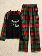 Family Christmas Matching Pajama Set - Black Long Sleeve Top with 'Christmas With My Tribe' Teepee & Red Green Plaid Pants