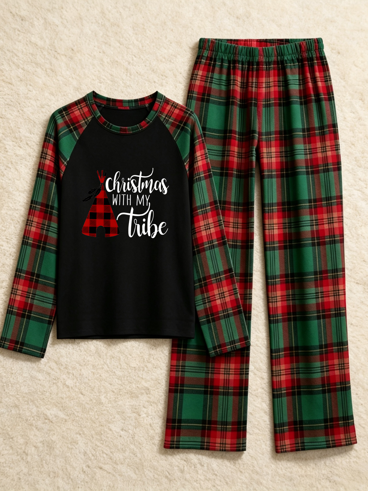 Family Christmas Matching Pajama Set - Black Long Sleeve Top with 'Christmas With My Tribe' Teepee & Red Green Plaid Pants