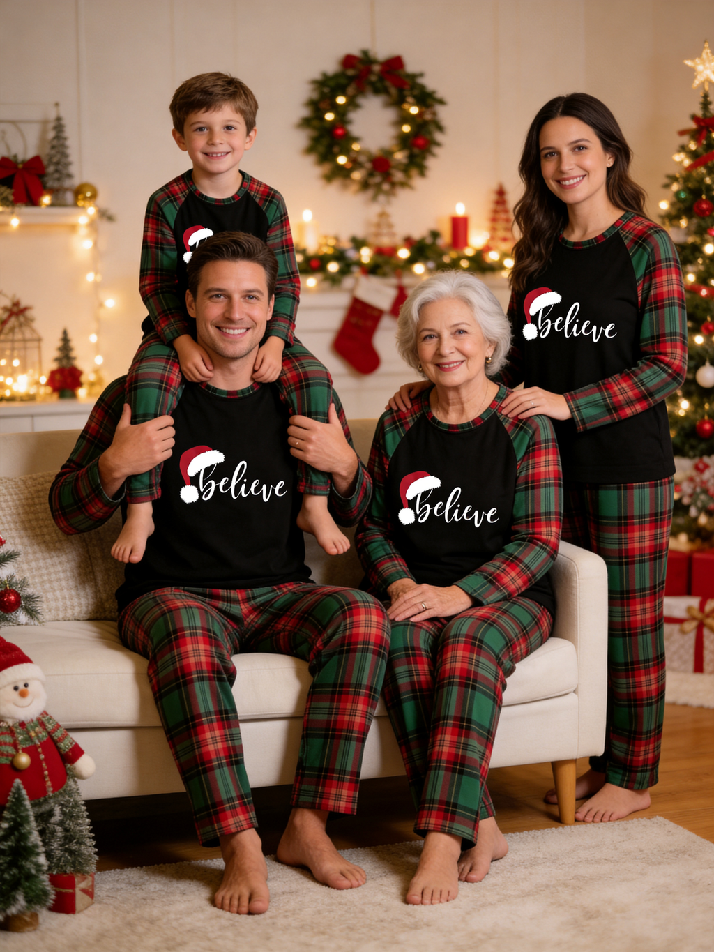 Family Christmas Matching Pajama Set - Black Long Sleeve Top with 'Believe' Santa Hat & Red Green Plaid Pants