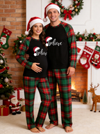 Family Christmas Matching Pajama Set - Black Long Sleeve Top with 'Believe' Santa Hat & Red Green Plaid Pants