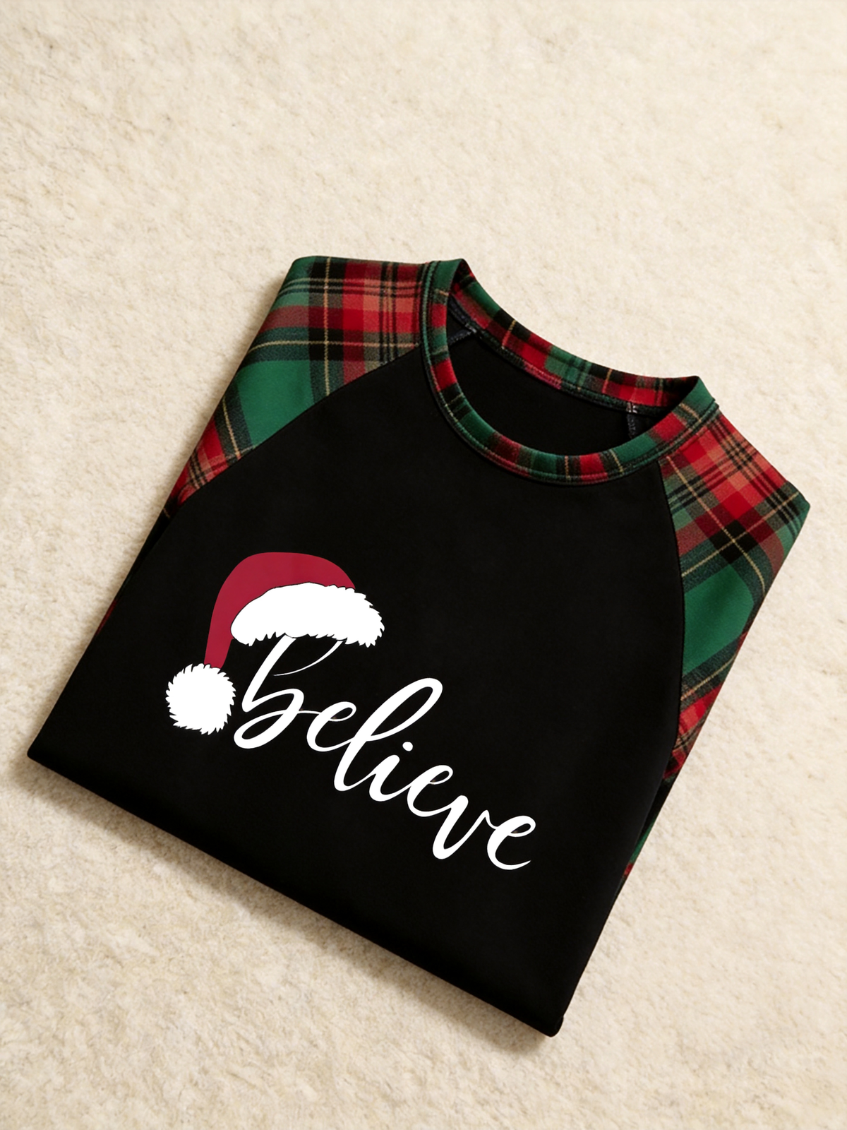 Family Christmas Matching Pajama Set - Black Long Sleeve Top with 'Believe' Santa Hat & Red Green Plaid Pants