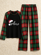 Family Christmas Matching Pajama Set - Black Long Sleeve Top with 'Believe' Santa Hat & Red Green Plaid Pants