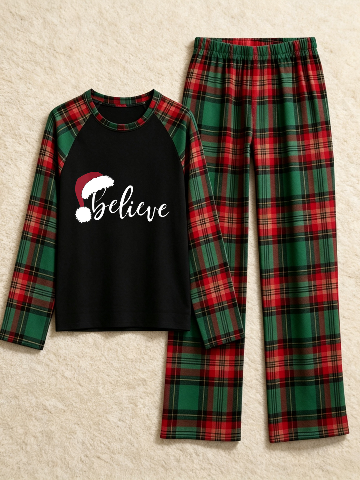 Family Christmas Matching Pajama Set - Black Long Sleeve Top with 'Believe' Santa Hat & Red Green Plaid Pants