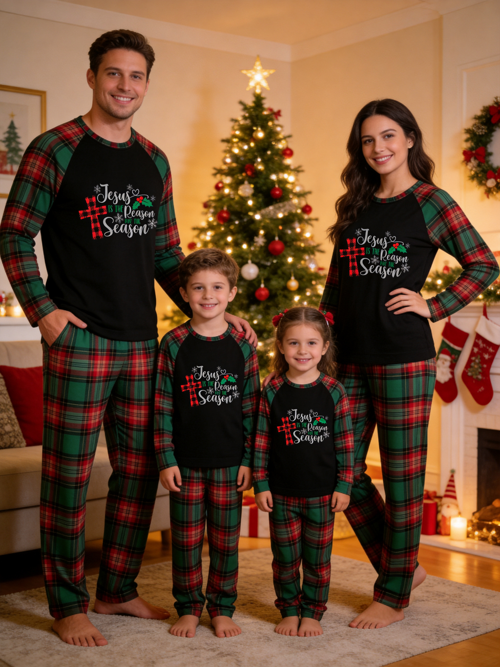Family Christmas Matching Pajama Set - Black Long Sleeve Top with 'Jesus Is The Reason' Plaid Cross & Red Green Plaid Pants