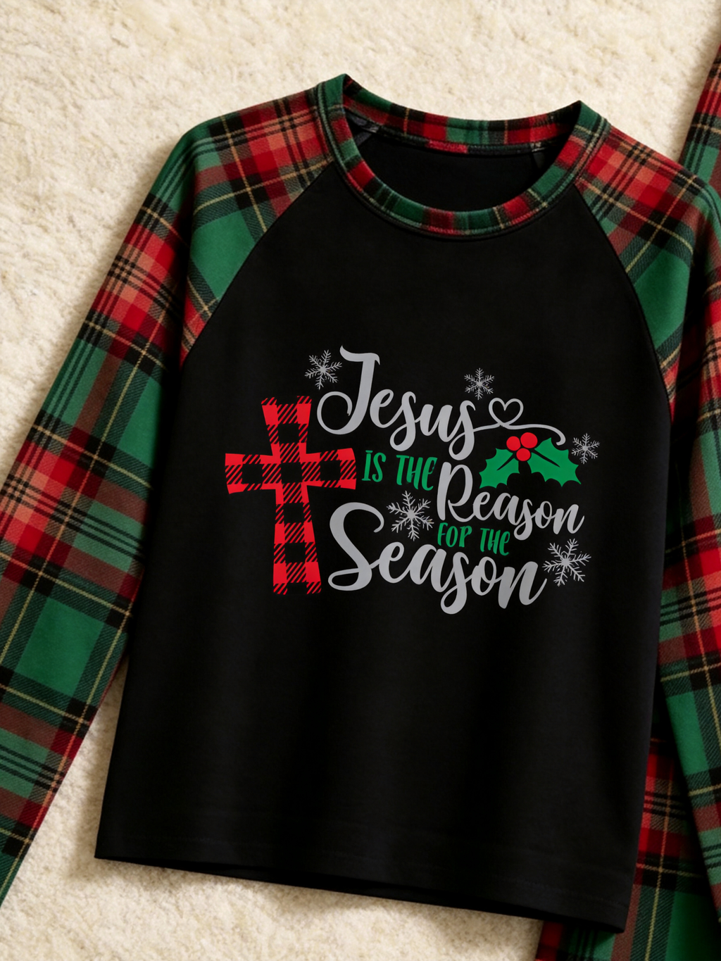 Family Christmas Matching Pajama Set - Black Long Sleeve Top with 'Jesus Is The Reason' Plaid Cross & Red Green Plaid Pants
