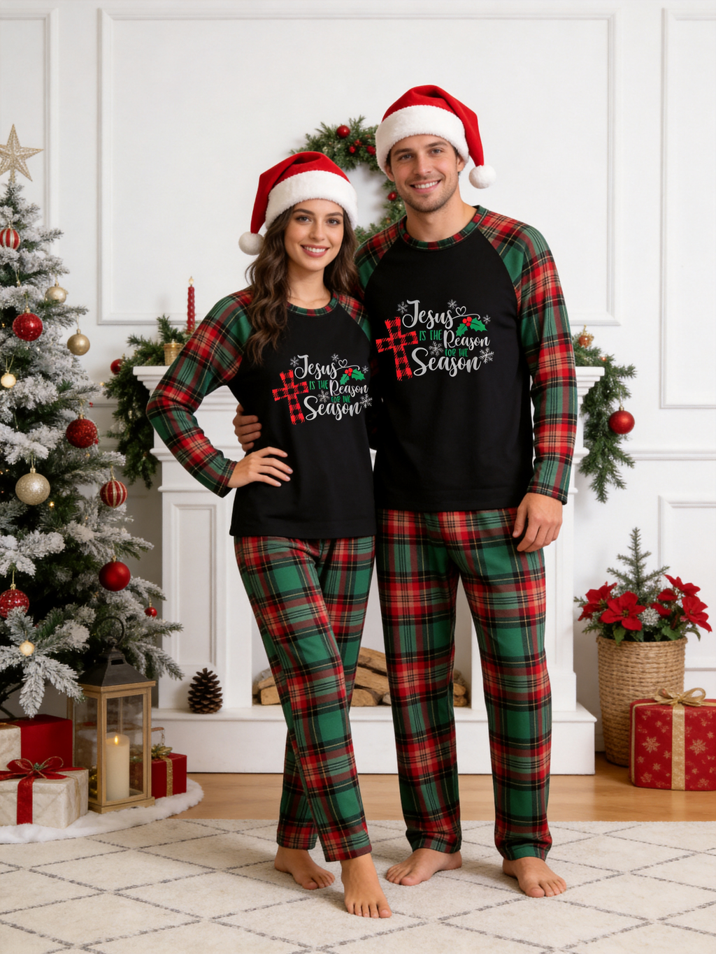 Family Christmas Matching Pajama Set - Black Long Sleeve Top with 'Jesus Is The Reason' Plaid Cross & Red Green Plaid Pants