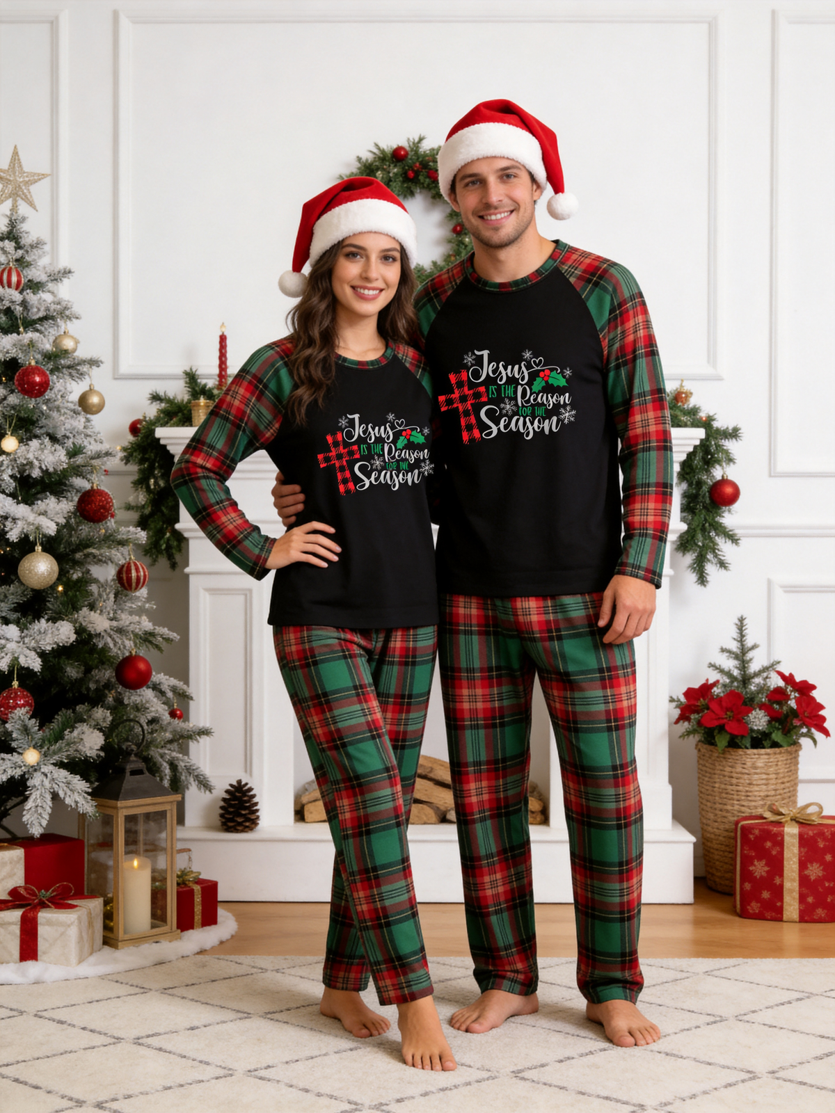 Family Christmas Matching Pajama Set - Black Long Sleeve Top with 'Jesus Is The Reason' Plaid Cross & Red Green Plaid Pants