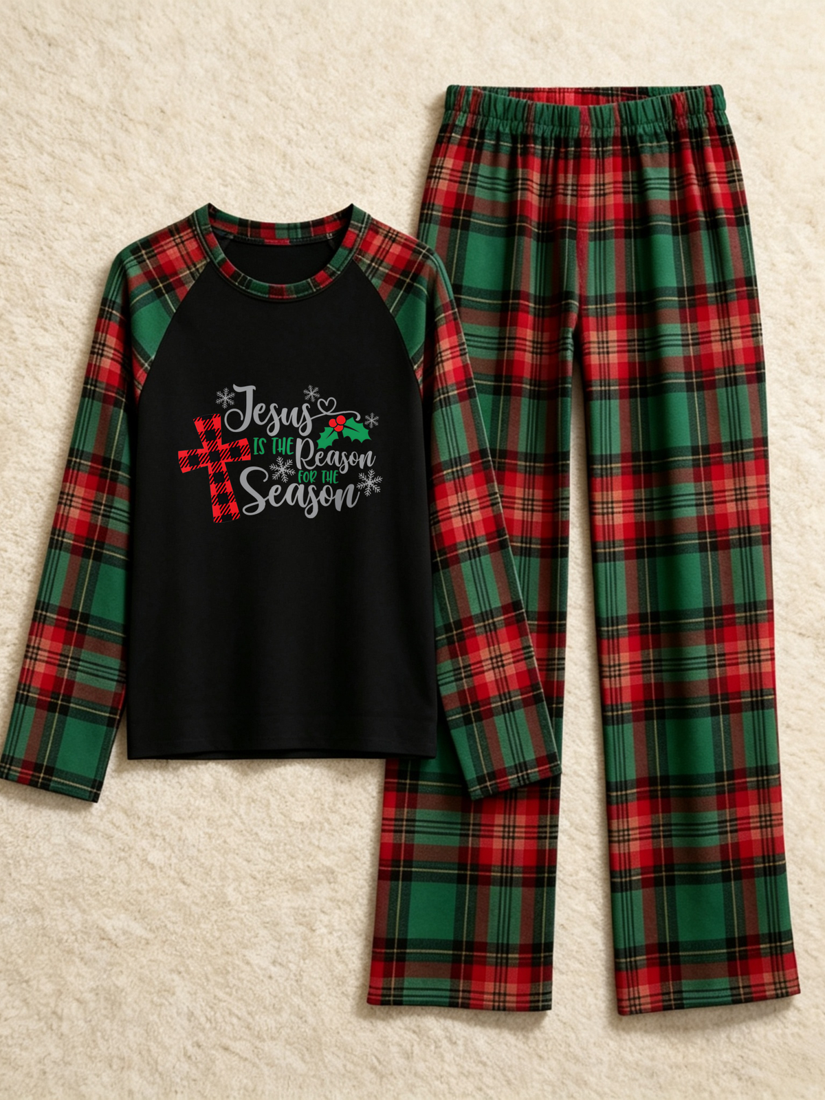 Family Christmas Matching Pajama Set - Black Long Sleeve Top with 'Jesus Is The Reason' Plaid Cross & Red Green Plaid Pants