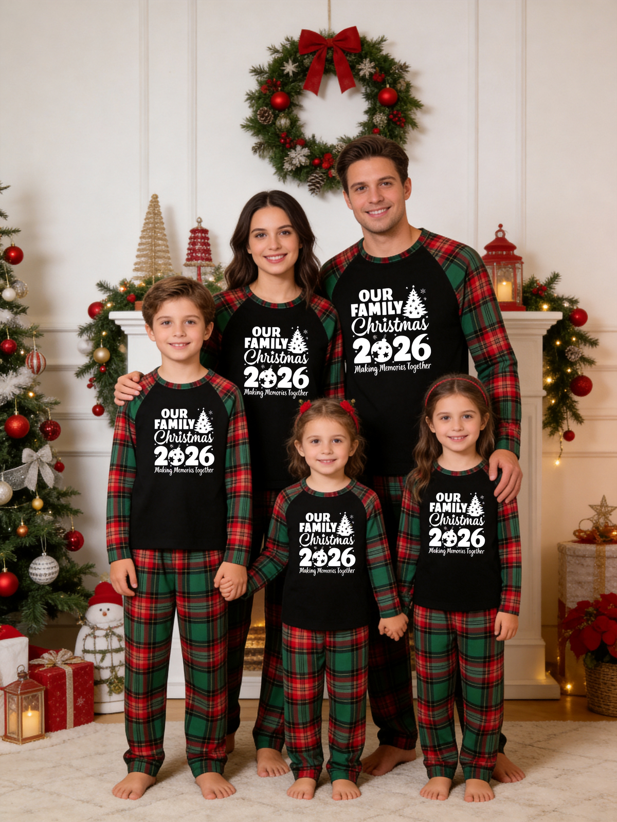 Family Christmas Matching Pajama Set - Black Long Sleeve Top with 'Our Family Christmas 2026' Tree & Red Green Plaid Pants