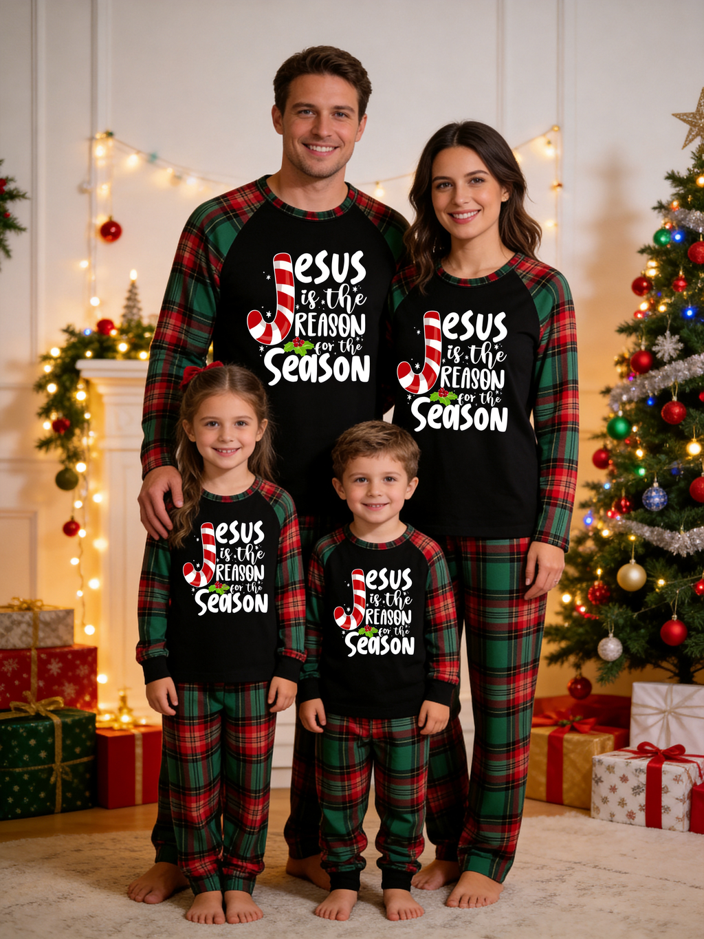 Family Christmas Matching Pajama Set - Black Long Sleeve Top with 'Jesus Is The Reason' Candy Cane & Red Green Plaid Pants