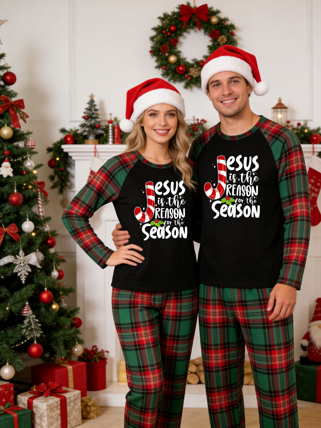 Family Christmas Matching Pajama Set - Black Long Sleeve Top with 'Jesus Is The Reason' Candy Cane & Red Green Plaid Pants