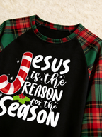 Family Christmas Matching Pajama Set - Black Long Sleeve Top with 'Jesus Is The Reason' Candy Cane & Red Green Plaid Pants