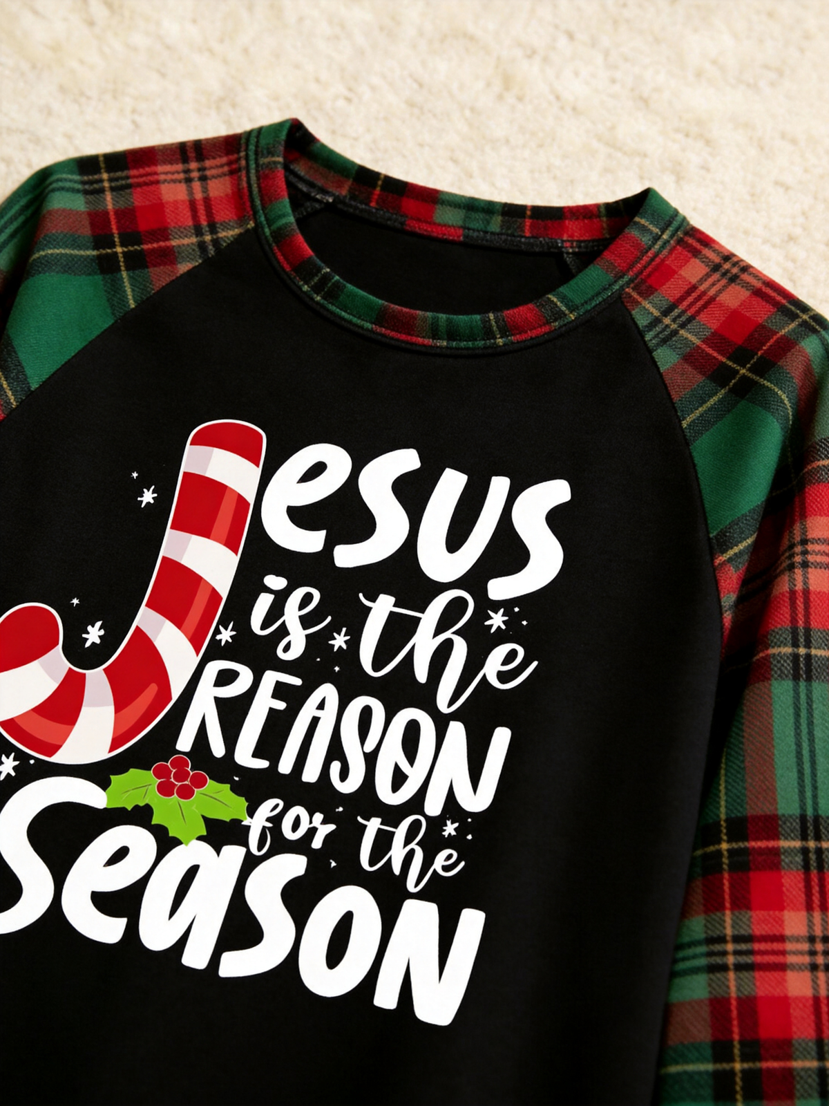 Family Christmas Matching Pajama Set - Black Long Sleeve Top with 'Jesus Is The Reason' Candy Cane & Red Green Plaid Pants