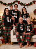 Family Christmas Matching Pajama Set - Black Long Sleeve Top with 'Ho Ho Ho' Reindeer & Santa Stack & Red Green Plaid Pants