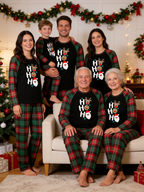 Family Christmas Matching Pajama Set - Black Long Sleeve Top with 'Ho Ho Ho' Reindeer & Santa Stack & Red Green Plaid Pants