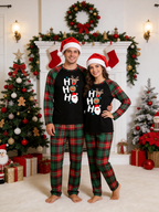 Family Christmas Matching Pajama Set - Black Long Sleeve Top with 'Ho Ho Ho' Reindeer & Santa Stack & Red Green Plaid Pants