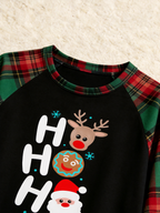 Family Christmas Matching Pajama Set - Black Long Sleeve Top with 'Ho Ho Ho' Reindeer & Santa Stack & Red Green Plaid Pants